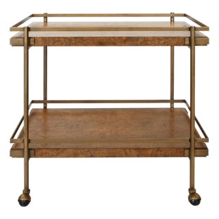 Matthew Izzo Home Cash Dark Burlwood Bar Cart With Antique Brass Details For Sale
