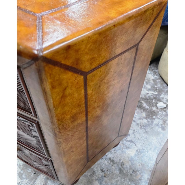 Late 20th Century Pair of Lineage Home Woven Rattan Front and Leather-Clad Bow Front Chest of Drawers For Sale - Image 16 of 18