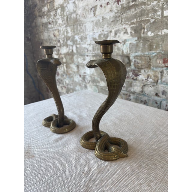 Mid-Century Modern 1970s Brass Cobra Candlestick Holders – Pair For Sale - Image 3 of 6