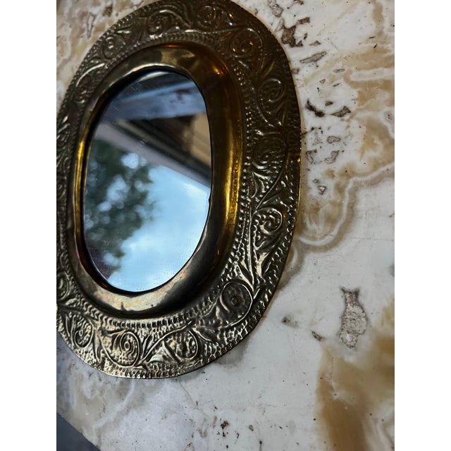1970s Vintage Small Oval Brass Mirror With Etched Details For Sale - Image 5 of 7