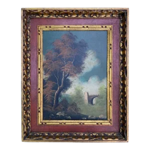 Mid 20th Century Vintage Oil Painting, Bridge Landscape