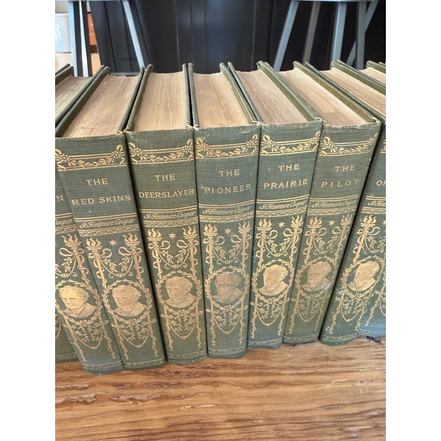 Metal Antique Green and Gold Decorative Book Set of 25 James Fenimore Cooper For Sale - Image 7 of 16