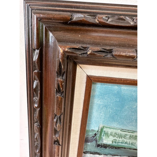 1970s California Impressionist Seascape Oil Painting Blackie's Boat Yard Newport Beach Waterfront Signed For Sale - Image 11 of 13