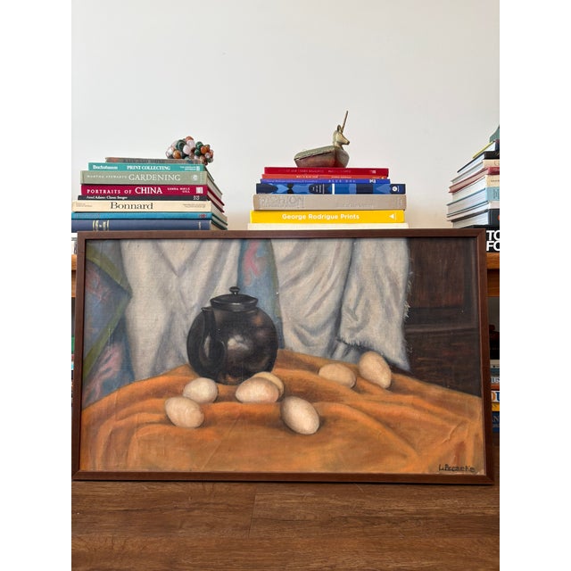 Wood Vintage Mid Century Signed Still Life Oil Painting With Black Teapot & Eggs For Sale - Image 7 of 15