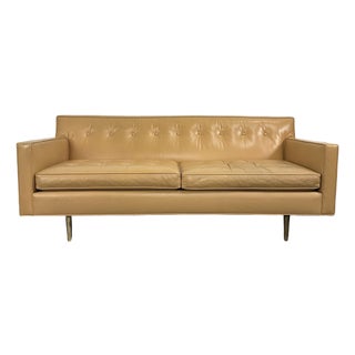 Mid Century Modern Edward Wormley for Dunbar Tan Leather Sofa With Brass Legs For Sale