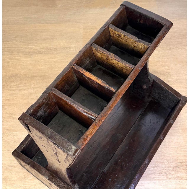 Brown Antique Primitive Wood Iron Strapped Machinist Tool Chest Caddy For Sale - Image 8 of 14