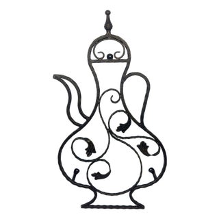 Hand-Forged Wrought Iron Teapot Wall Art (Pitcher Silhouette) Large Garden Wall Decor with Leaf Scroll For Sale