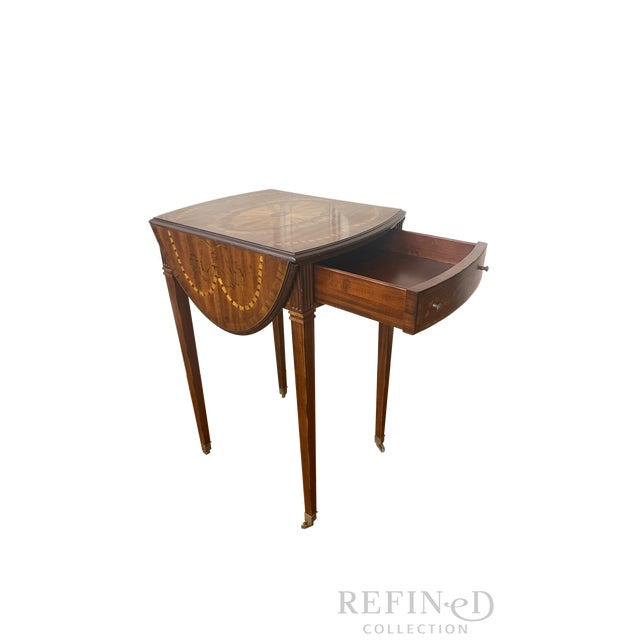 Brass Vintage Maitland-Smith Drop Leaf Side Table With Painted Faux Marquetry, Brass Casters For Sale - Image 8 of 15