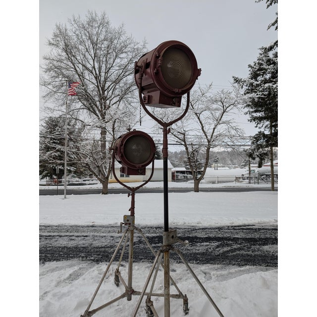 This striking pair of vintage Mole-Richardson Company stage lights, marked Type 415 Senior Solar Spot, represents classic...