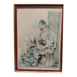 Mid 20th Century Seymour Rosenthal “Chicken Plucker” Framed Color Lithograph, Judaica Folk Art For Sale