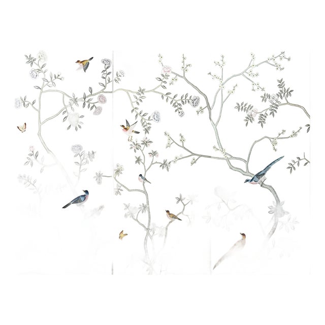 Chinoiserie Floral Bird Wallpaper Panel, Hand Painted Style Botanical Wall Mural, Elegant Asian Inspired Wall Decor For Sale