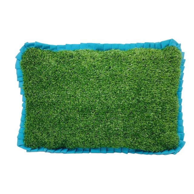 Modern Custom Handcrafted Artificial Turf Lumbar Pillow With Turquoise Ruffle - Small Lumbar For Sale - Image 3 of 10