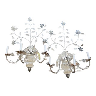 Pair of Decorative Crystal and Brass Wall Sconces in the Style of Maison Bagues For Sale