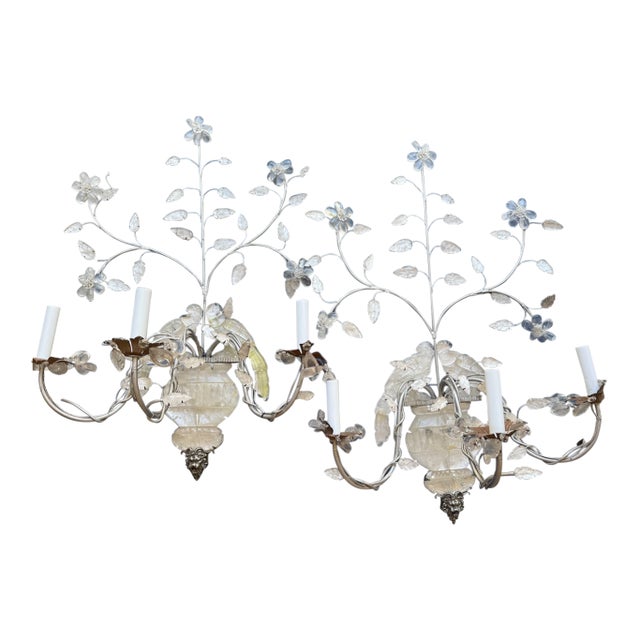 Pair of Decorative Crystal and Brass Wall Sconces in the Style of Maison Bagues For Sale
