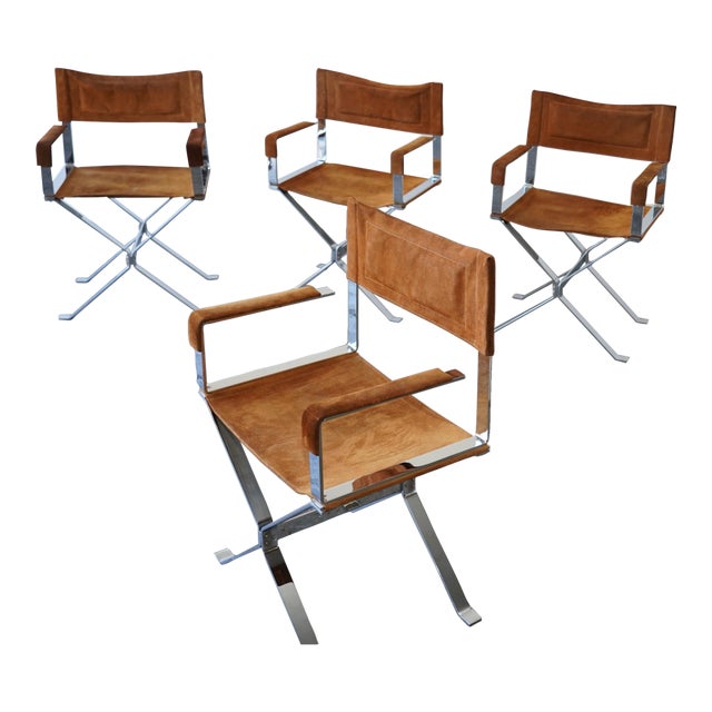 1970s Set of 4 Alessandro Albrizzi Chrome & Cognac Suede Director Chairs For Sale