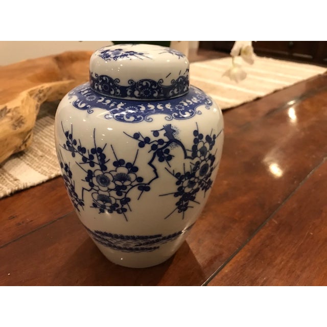 Vintage White and Blue Cherry Blossoms Porcelain Ginger Jar For Sale - Image 4 of 5