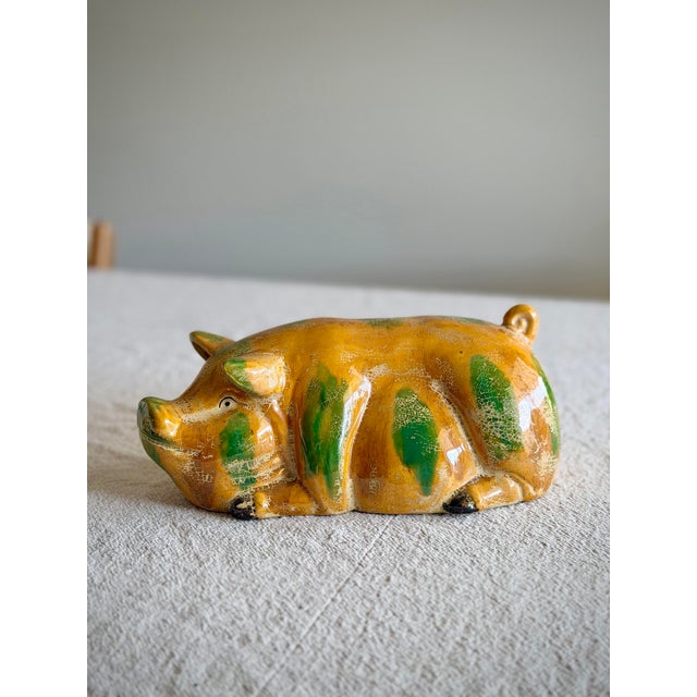 Folk Art Vintage Camark Yellowware Pig Figurine Hand-Painted American Folk Art Pottery Ceramic Sculpture For Sale - Image 3 of 8