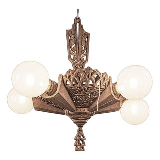 1930s Art Deco Brass Five Light Circular Chandelier by Markel For Sale