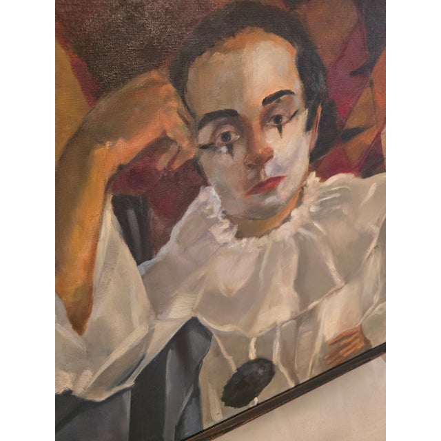 Textile Vintage Mid Century Modern Signed Painting Harlequin Jester For Sale - Image 7 of 11