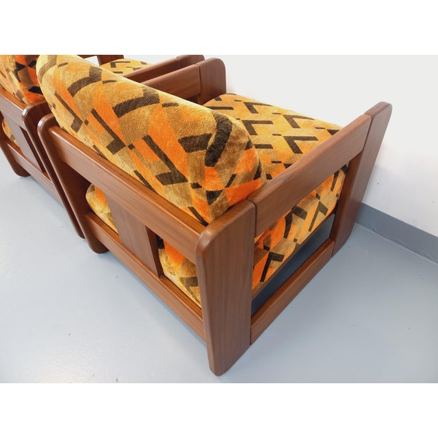 Orange Set of Vintage Sled Chairs in Walnut and Velvet Fabric, 1970s For Sale - Image 8 of 18