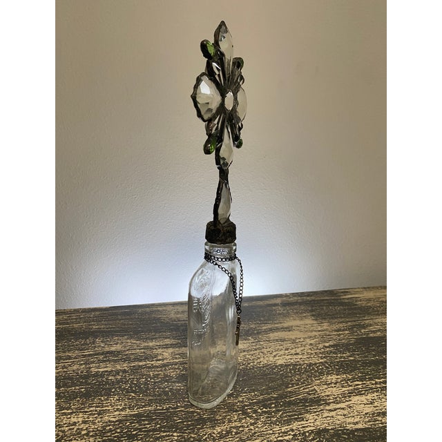 Early 21st Century Handmade Crystal Cross Assemblage Sculpture on Embossed Clear Glass Flask For Sale - Image 5 of 7