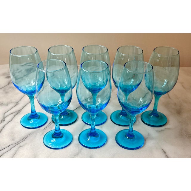 Libbey Glass Co. Set of 8 - Libbey Aqua Blue Wine Glasses For Sale - Image 4 of 9