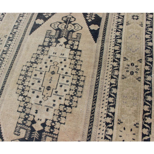 Linen Vintage Turkish Oushak Rug With Ivory Field and Deep Blue Medallion Design For Sale - Image 8 of 11