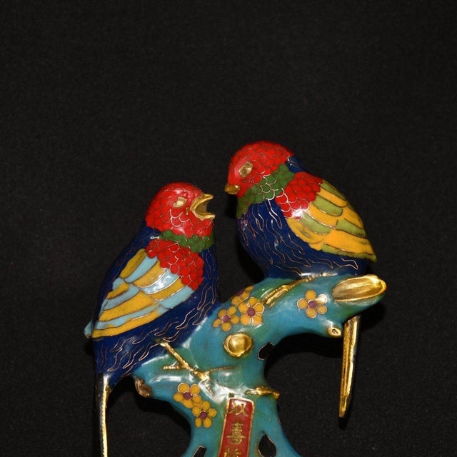 Metal Vintage Cloisonne Enamel Bird Pair Figurine – 8.3" Two Lovebirds on Branch For Sale - Image 7 of 8