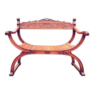 Asian Curved Carved Wood Entry Bench For Sale