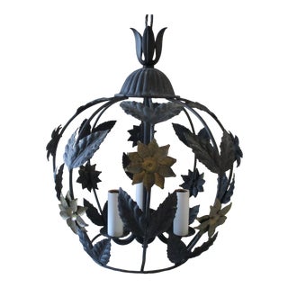 Antique 1940s Black Metal Caged Three Light Ceiling Pendant with Black Leaves and Gold Blossoms For Sale