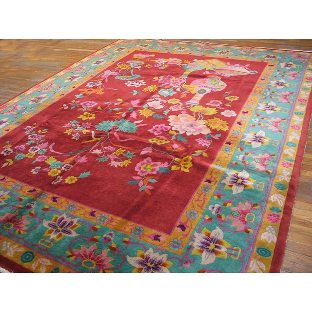 1920s Red Floral Classic Antique Chinese Art Deco Rug 8'8"x11'4" Handknotted Wool Carpet For Sale - Image 4 of 6