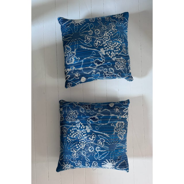 three custom made cotton chenille pindler & pindler decorative pillows in beige and blue with feather inserts. Double-...
