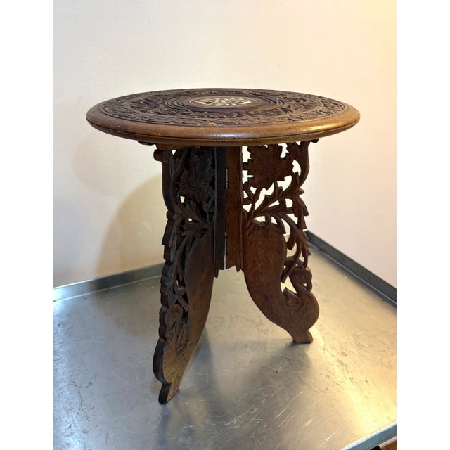 1940s-50s carved wood inlaid Indonesian style folding side table or pedestal. Excellent condition.