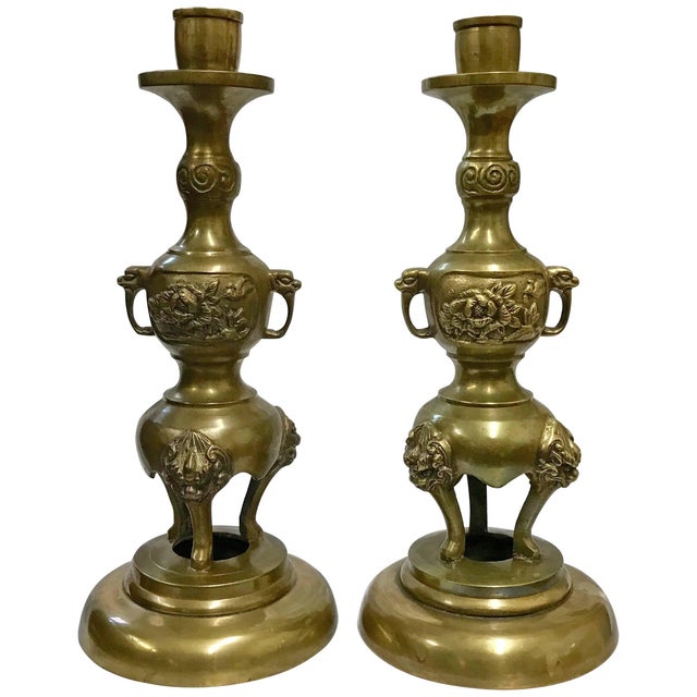 Pair of Brass Taper Candlesticks With Flowers and Griffins For Sale - Image 9 of 9