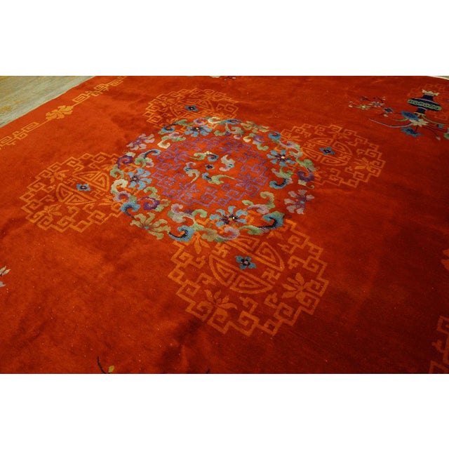 1920s Ruby Red Vase Medallion Antique Chinese Art Deco Carpet 9' X 12' Knotted Wool Rug For Sale - Image 9 of 11