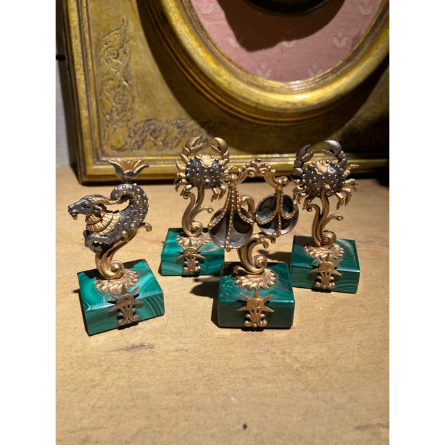 Vintage Italian Gilt 800 Silver Zodiac Place Card Holders with Malachite Bases, 1950s, Set of 4 For Sale - Image 9 of 10
