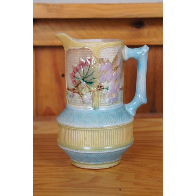 Antique Majolica Wardle Bamboo Basketweave Dogwood Flower Pitcher Jug For Sale - Image 6 of 12