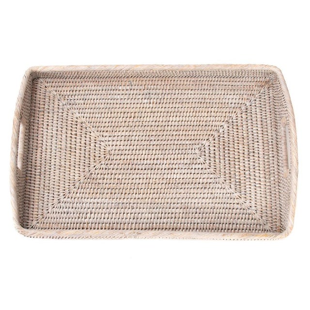 2020s Artifacts Rattan Rectangular Serving Tray with High Handles in White Wash - 21" For Sale - Image 5 of 9