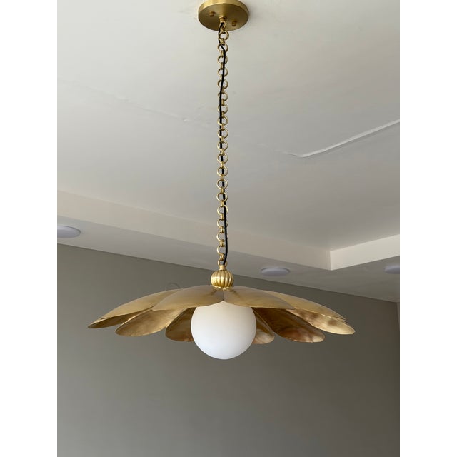Art Deco Pure Brass Handmade Pendant Light, Brushed Brass Flower Chandelier, Milk Glass Globe Pendant Lamp, Floral Lighting Fixture For Sale - Image 3 of 9