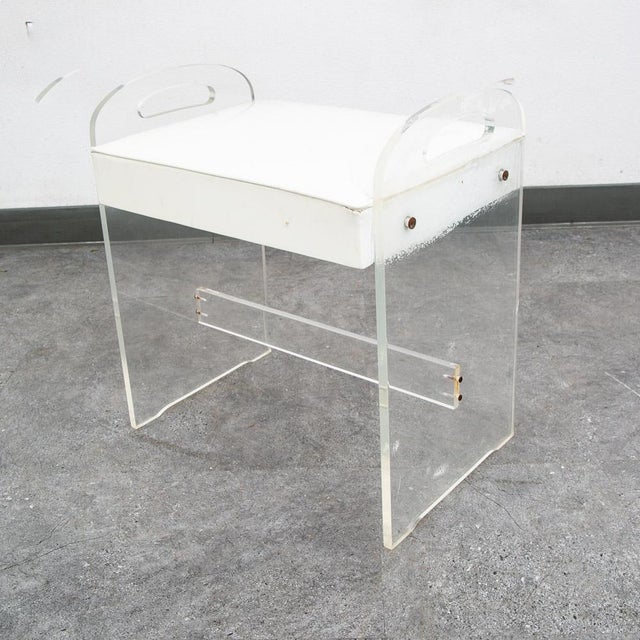 White Mid Century Modern Stool Seat Vanity Lucite White Vintage Rectanfular Handles For Sale - Image 8 of 12