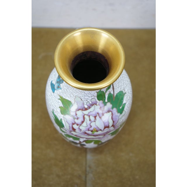 Chinese Brass Cloisonne Enamel Chrysanthemum Peony Bud Vase 9" For Sale - Image 6 of 13