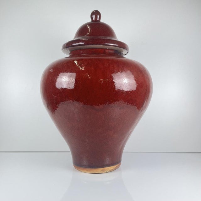Large Vintage Japanese Oxblood Red Glazed Ceramic Covered Jar, 1950s For Sale - Image 17 of 17