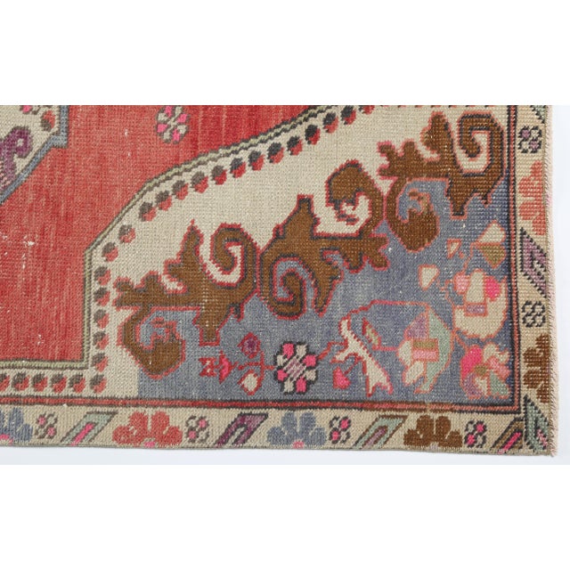 Mid-Century Modern Vintage Tribal Konya Rug – Handwoven Anatolian Wool in Rich Red, Indigo, and Cream - 4' 2'' X 7' 3'' For Sale - Image 3 of 9