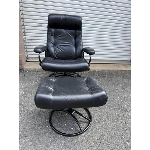 Vintage Ekornes Stressless Black Leather Recliner & Ottoman For Sale - Image 15 of 18