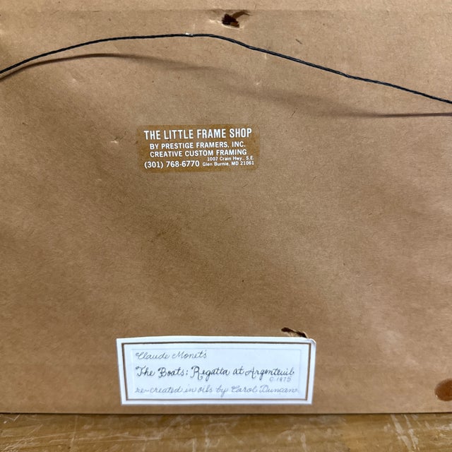 1980s Claude Monets the Boats: Regatta at Argenteuil 1875 by Carol Duncan Oil on Canvas Framed For Sale - Image 6 of 9