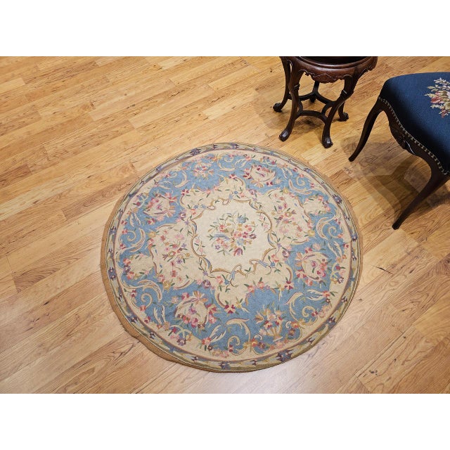 Textile Vintage Round Needlepoint Area Rug, Handwoven Wool, Floral Pattern, Blue & Ivory, 4x4 For Sale - Image 7 of 9