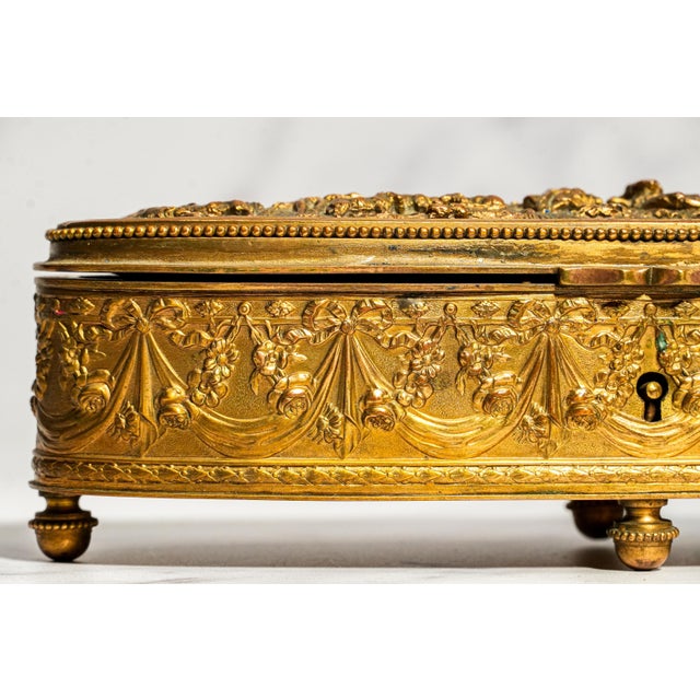 Victorian Classy Small Antique French Jewelry Casket Box Gilt Metal Pastoral Relief Trinket Box Made in France Victorian Home Decor For Sale - Image 3 of 14