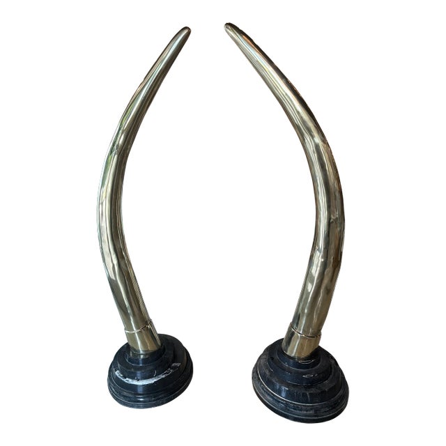 Vintage Pair 1970s Monumental Brass & Marble Faux Elephant Tusks Life Size For Sale