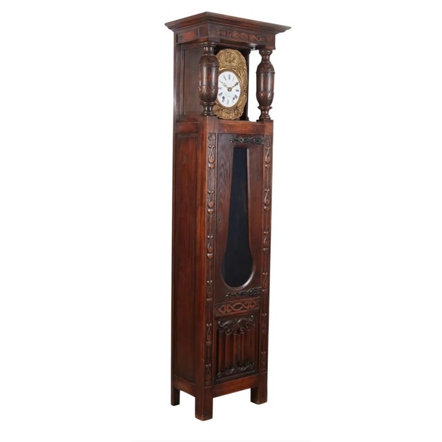 Antique Tudor Oak Linen Fold Long Case Clock by E. Favot of Bleneau For Sale - Image 4 of 8
