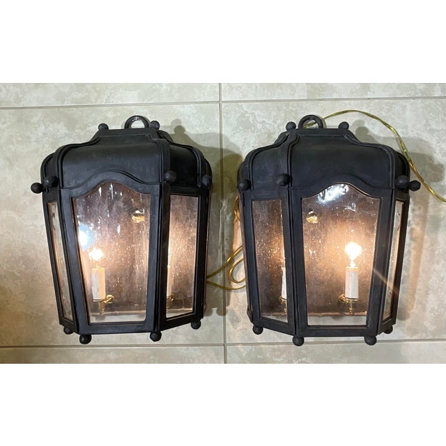 Exceptional Pair of Hand-Forged Iron Wall Lanterns Architectural Sconces For Sale In Miami - Image 6 of 17